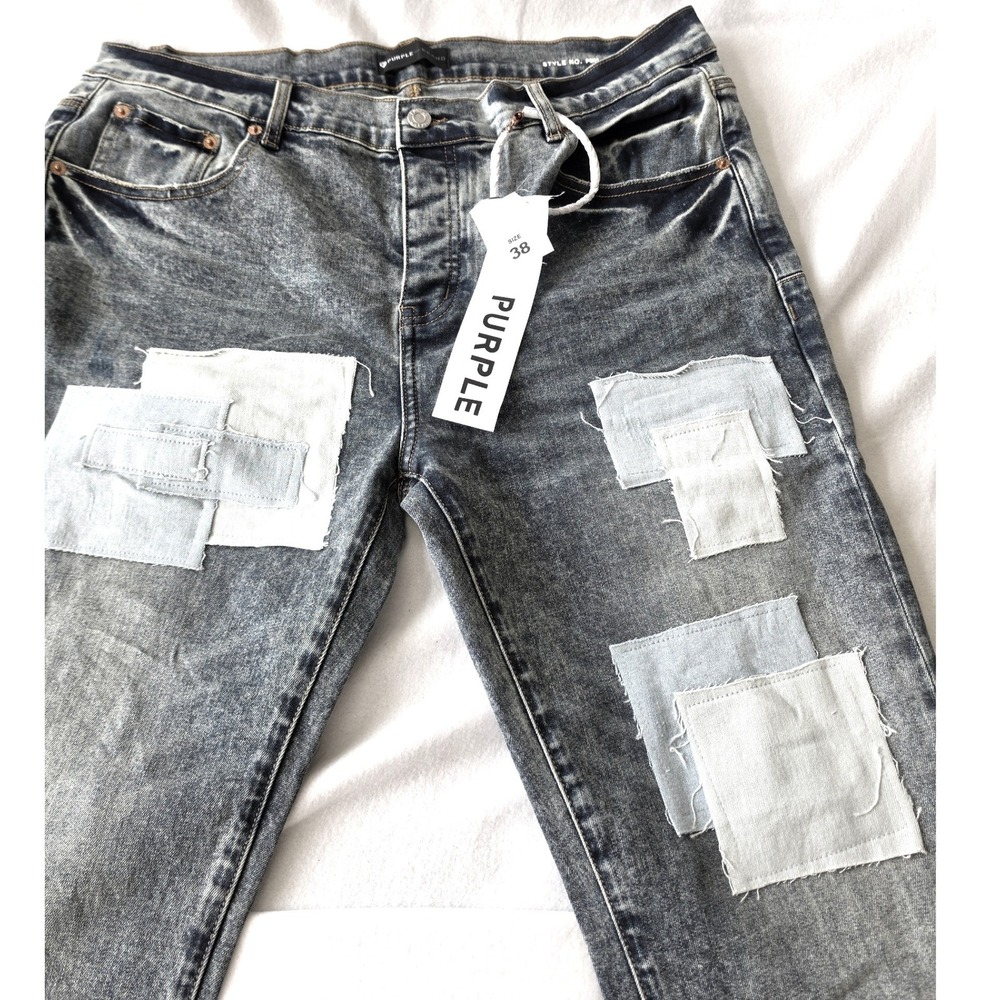 Purple Brand P001 Mens Light Indigo Acid Wash Patchwork Slim Fit Jeans Size 38